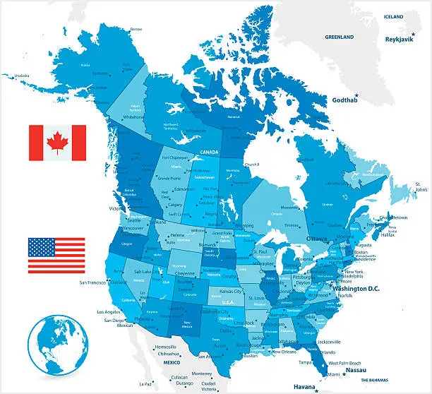 Vector illustration of USA and Canada large detailed blue map