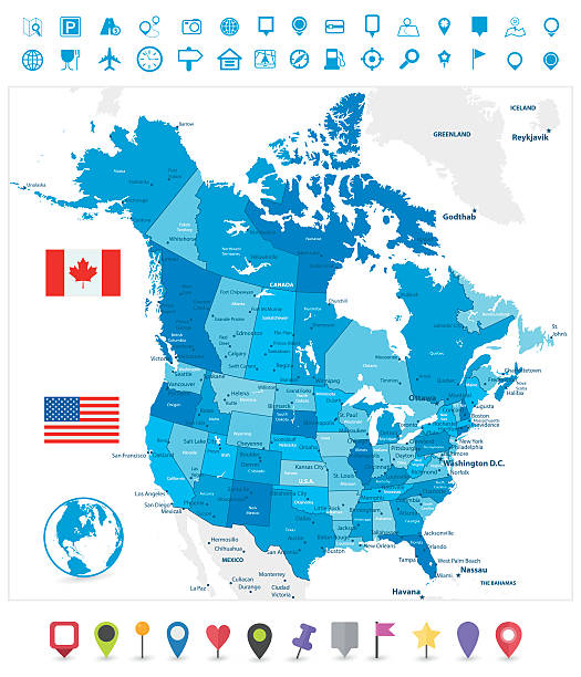 illustrazioni stock, clip art, cartoni animati e icone di tendenza di usa e canada grande mappa blu dettagliata - scotia