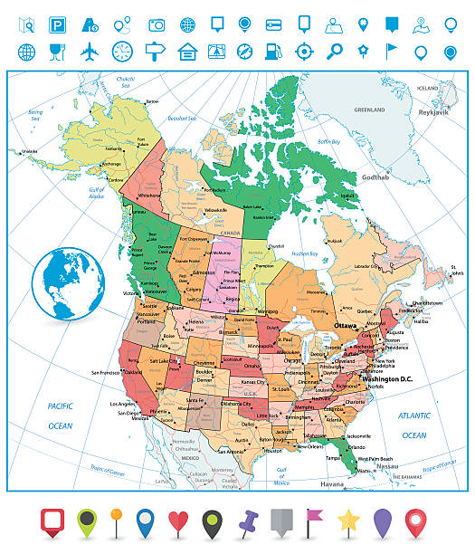 USA and Canada large detailed political map USA and Canada large detailed political map with roads, navigation icons and water objects isolated on white. canada road map stock illustrations