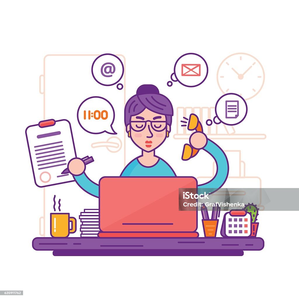 Woman secretary or female personal assistant vector illustration Woman secretary or female personal assistant vector illustration. Young office manager or businesswoman multi-tasking. Business lady or company worker. Secretary stock vector