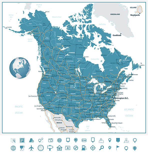 usa und kanada straßenkarte und navigationssymbole - map usa north america canada stock-grafiken, -clipart, -cartoons und -symbole