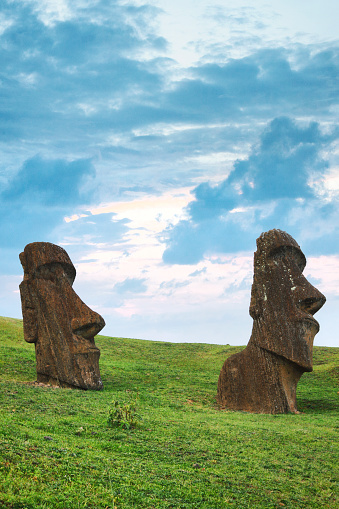 Moai at Rano Raraku volcano quarry on Easter Island, Chile.