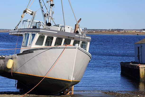 istock Fishing boat on shore line at low tide 635915324