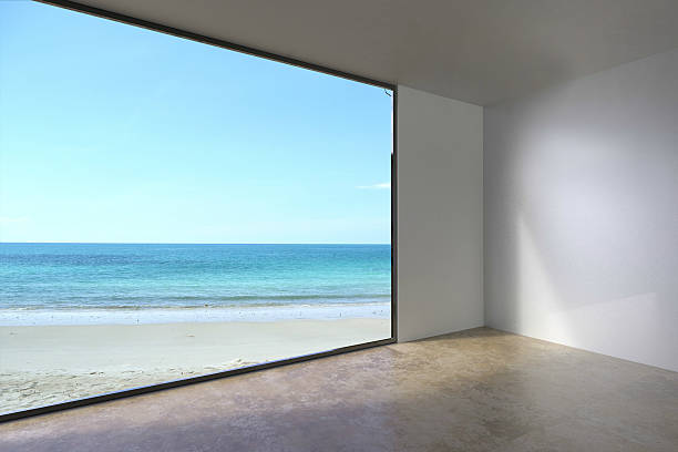istock Empty loft Room with window Living villa on Sea view 635915582