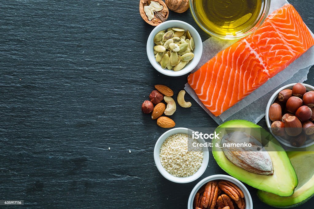Selection of good fat saurces Selection of good fat saurces, copy space Fat - Nutrient Stock Photo