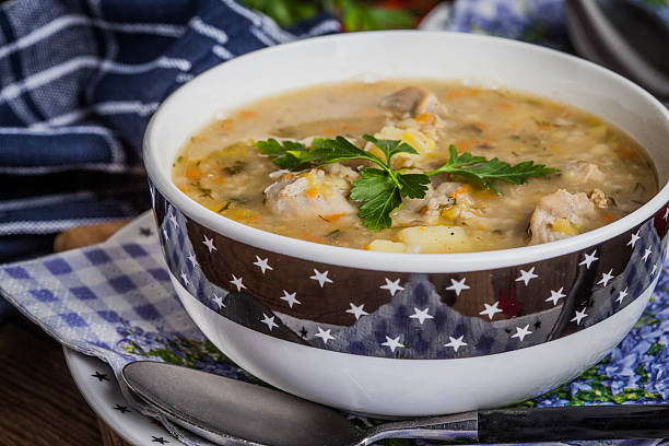 zupa z jęczmienia i żołądka z kurczaka. - vegetable barley soup zdjęcia i obrazy z banku zdjęć