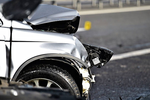 Car crash detail with damaged automobile stock photo