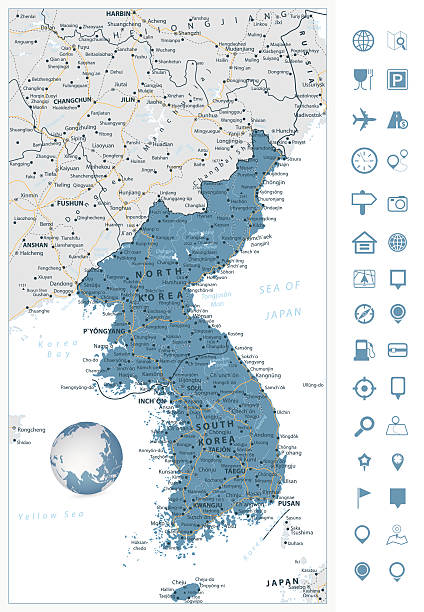 illustrations, cliparts, dessins animés et icônes de carte routière et icônes de navigation de la péninsule coréenne, nord et sud - korean peninsula