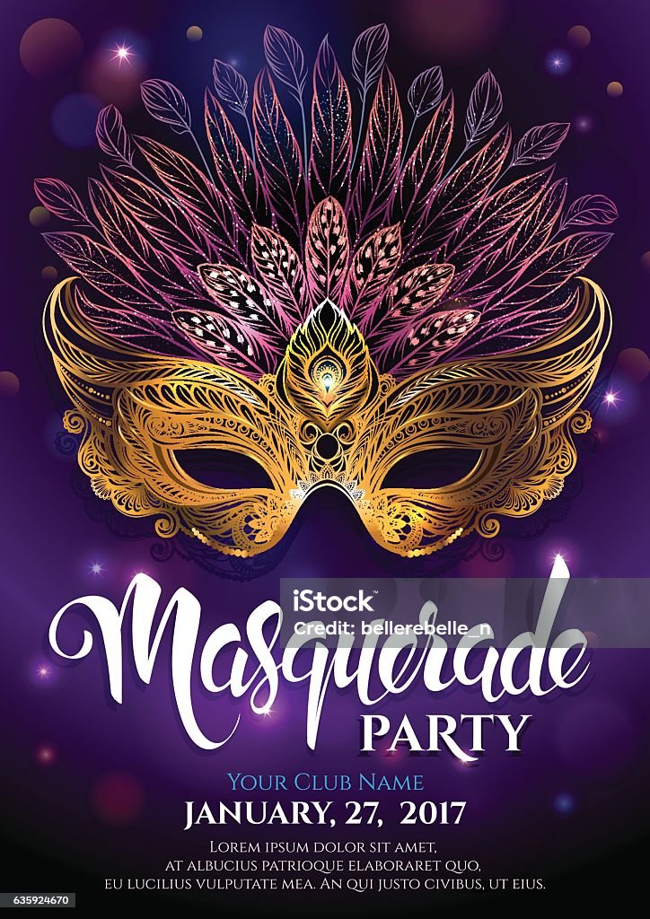 Golden carnival mask with feathers. Golden carnival mask with feathers. Beautiful concept design with hand drawn lettering for poster, greeting card, party invitation, banner or flyer. Vector Illustration. Costume stock vector