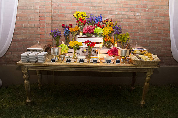 istock Wedding room, flower and food 635924772