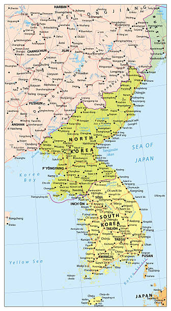 mapa polityczna półwyspu koreańskiego, mapa korei północnej i południowej - korean peninsula stock illustrations