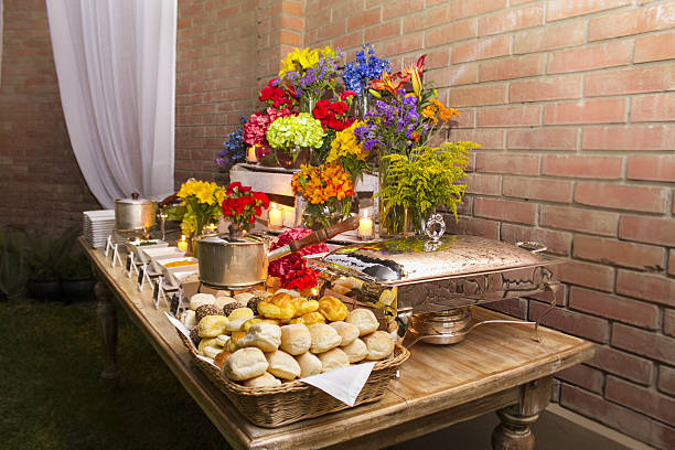 istock Wedding room, flower and food 635924864