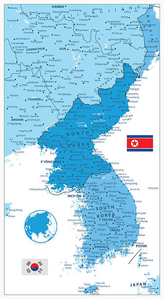 illustrations, cliparts, dessins animés et icônes de carte de la péninsule coréenne aux couleurs bleues - korean peninsula