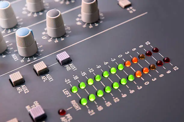 Close up buttons and digital vu-meter sound mixer on white table. Elevated view. Horizontal composition
