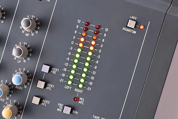 Close up buttons and digital vu-meter sound mixer on white table. Top view. Horizontal composition