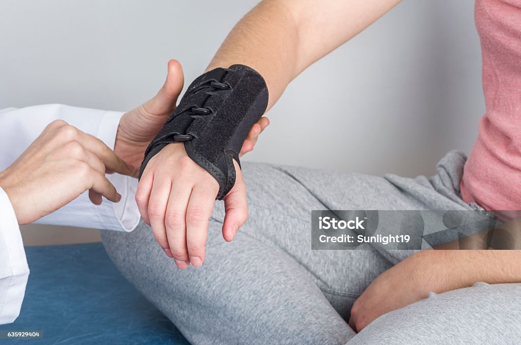 Patient is wearing a black wristband. Patient is wearing a black wristband. Pain wrist. Orthopaedic Brace Stock Photo