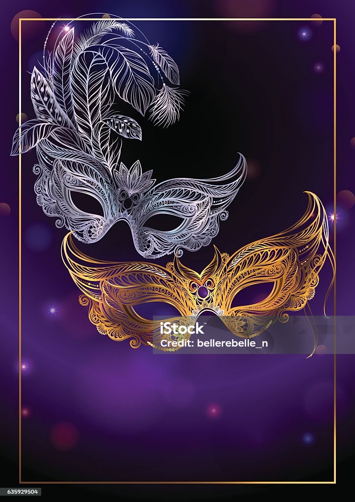 Bellissimo sfondo con due maschere carnevale o teatrali. - arte vettoriale royalty-free di Maschera per ballo in maschera
