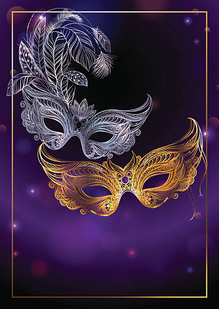 Beautiful background with two carnival or theatrical masks. Beautiful background with two carnival or theatrical masks. Vector illustration, concept design for poster, greeting card, party invitation, banner or flyer. masquerade mask stock illustrations