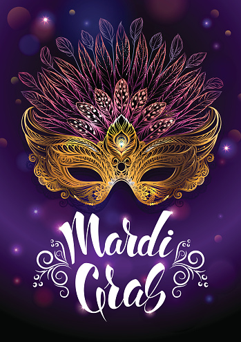 Golden carnival mask with feathers. Vector illustration, beautiful background with hand drawn lettering 