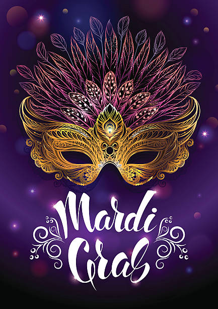 Golden carnival mask with feathers. Golden carnival mask with feathers. Vector illustration, beautiful background with hand drawn lettering "Madrid Gras" for poster, greeting card, party invitation, banner, flyer to other design. evening ball stock illustrations