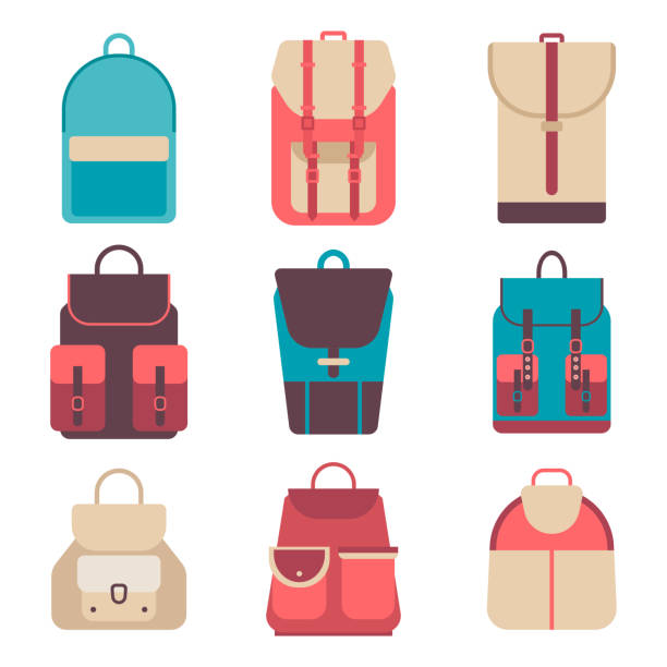 School backpack in a flat style. Kids  on  colored background School backpack in flat style. Bag icons kids backpack on a isolated background. Set youth backpacks. Child backpack, travel hiking, tourism and luggage. Vector illustration collections. satchel bag stock illustrations