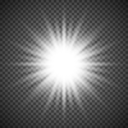 White glowing light burst explosion on transparent background. Bright flare effect decoration with ray sparkles. Transparent shine gradient glare texture. Vector illustration lights effect eps10