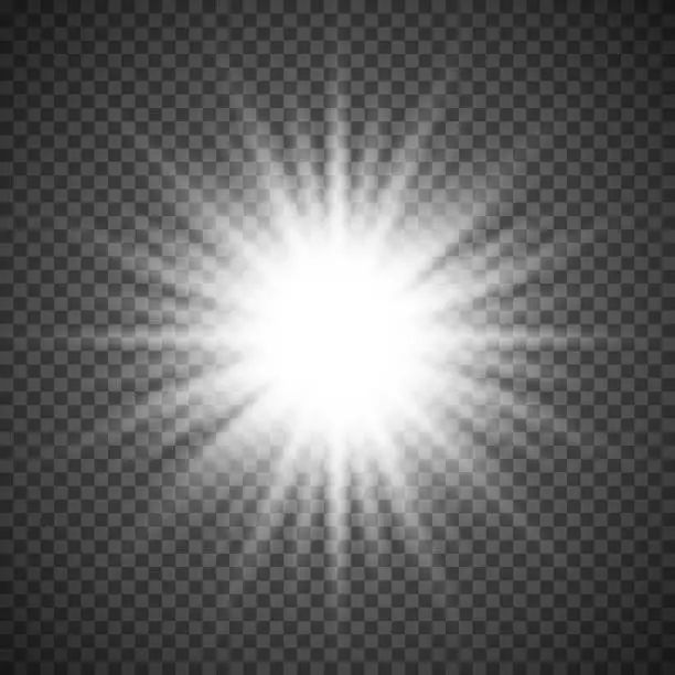 Vector illustration of White glowing light burst explosion on transparent background. Bright flare