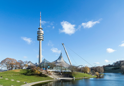 Munich, Germany - November 28, 2016: Tower of stadium of the Olympiapark in Munich, Germany, is an Olympic Park which was constructed for the 1972 Summer Olympics