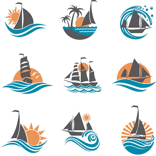 ilustraciones, imágenes clip art, dibujos animados e iconos de stock de iconos de veleros y yates - spraying beaches summer sunlight