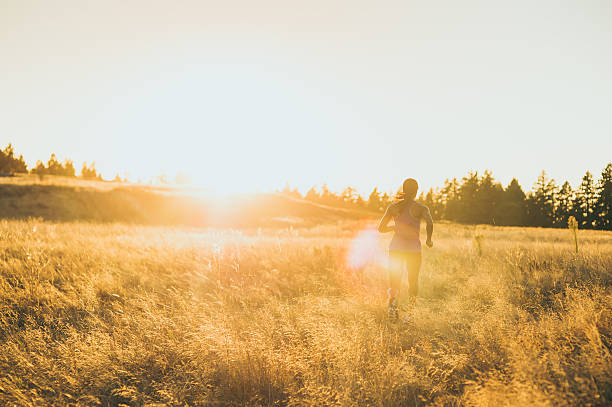 istock Attractive female running through grassy trail at sunset 635935150