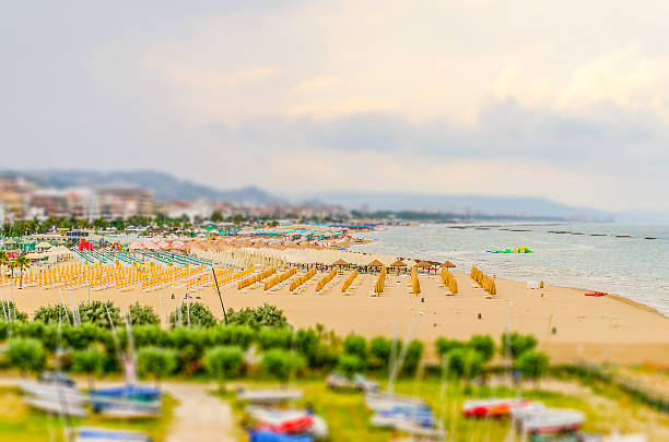 Waterfront of Pescara, Italy. Tilt-shift effect applied Aerial view of the waterfront of Pescara on the Adriatic Sea, Italy. Tilt-shift effect applied mistral wind stock pictures, royalty-free photos & images