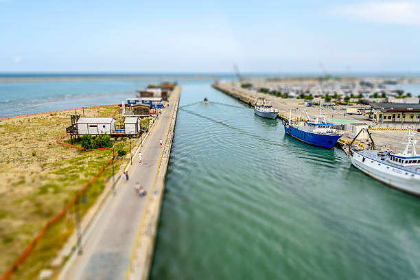 Waterfront of Pescara, Italy. Tilt-shift effect applied Aerial view of the waterfront of Pescara on the Adriatic Sea, Italy. Tilt-shift effect applied mistral wind stock pictures, royalty-free photos & images
