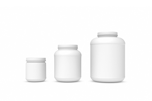 3d rendering of three blank white plastic jars of different sizes isolated on white background. Cans and containers. Loading and transportation. Liquid and bulk cargo.