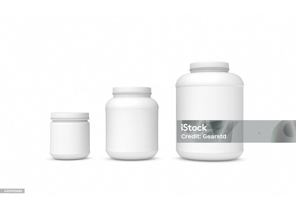 Rendering three blank white plastic jars of different sizes 3d rendering of three blank white plastic jars of different sizes isolated on white background. Cans and containers. Loading and transportation. Liquid and bulk cargo. Jar Stock Photo