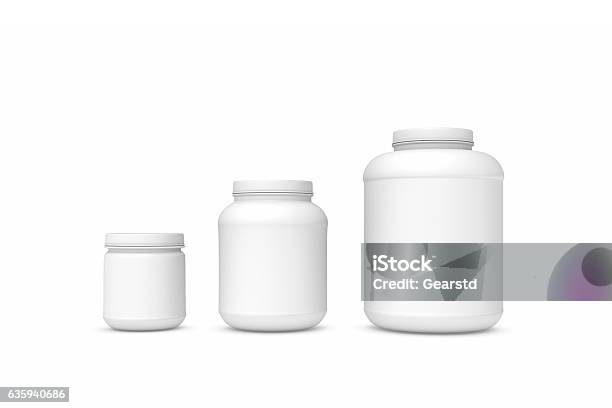 Rendering Three Blank White Plastic Jars Of Different Sizes Stock Photo - Download Image Now