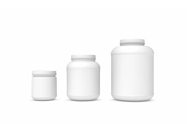 rendering three blank white plastic jars of different sizes - bottle vitamin pill nutritional supplement white imagens e fotografias de stock