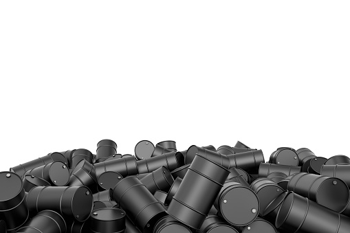 3d rendering of large pile of black oil barrels isolated on white background. Barrels and drums. Oil industry. Transporting liquid cargo.