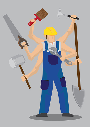 Vector illustration of a cartoon construction worker character in blue overall and yellow helmet with multiple arms holding a variety of work tools.