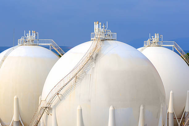 Sphere gas tanks on Petrochemical Plant stock photo
