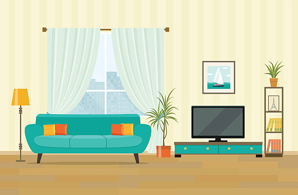 wohnzimmer-innenarchitektur mit möbeln. flache stil vektor-illustration - wohnzimmer stock-grafiken, -clipart, -cartoons und -symbole