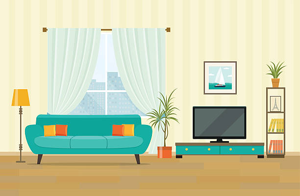 illustrazioni stock, clip art, cartoni animati e icone di tendenza di design degli interni del soggiorno con mobili. illustrazione vettoriale in stile piatto - living room