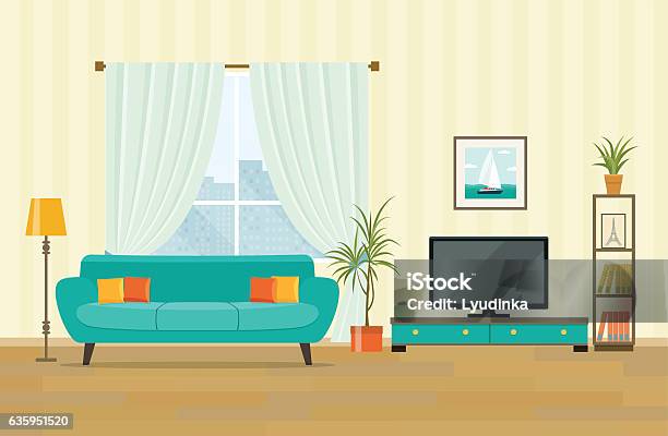 Living Room Interior Design With Furniture Flat Style Vector Illustration Stock Illustration - Download Image Now