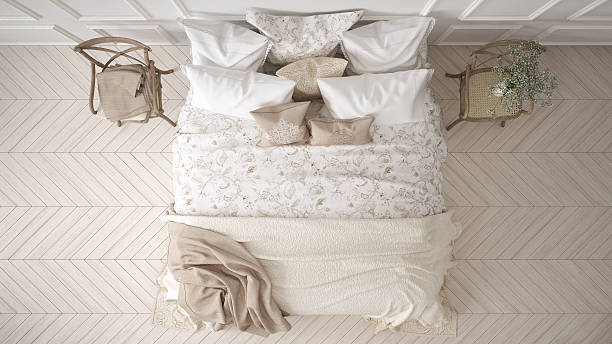 istock Minimalistic classic bedroom, top view, white interior design 635958176