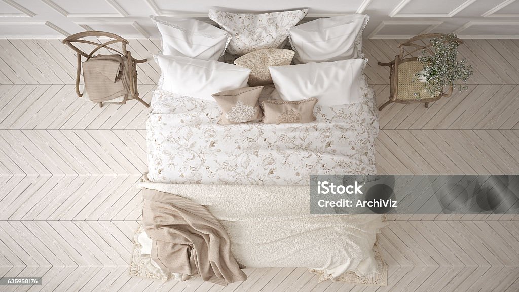 Minimalistic classic bedroom, top view, white interior design Bed - Furniture Stock Photo