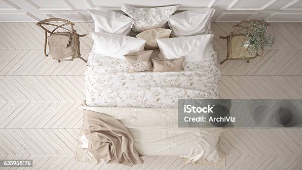 Minimalistic Classic Bedroom Top View White Interior Design Stock Photo - Download Image Now