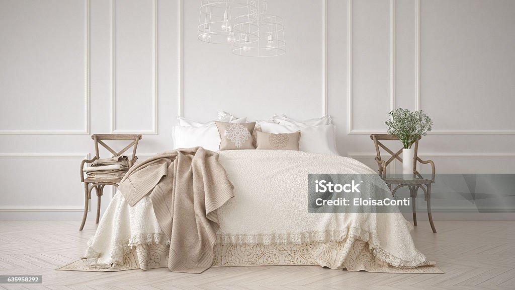 Dormitorio clásico minimalista, diseño interior blanco - Foto de stock de Lujo libre de derechos