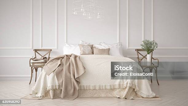 Minimalistic Classic Bedroom White Interior Design Stock Photo - Download Image Now