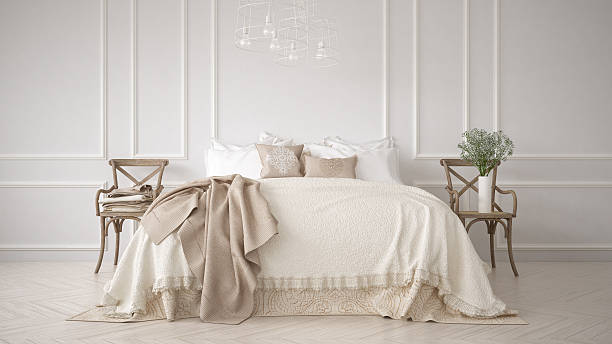 minimalistic classic bedroom, white interior design - wood classic fashion luxury imagens e fotografias de stock