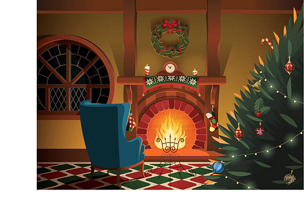 ilustraciones, imágenes clip art, dibujos animados e iconos de stock de interior decorado en navidad - fireplace christmas candle holiday