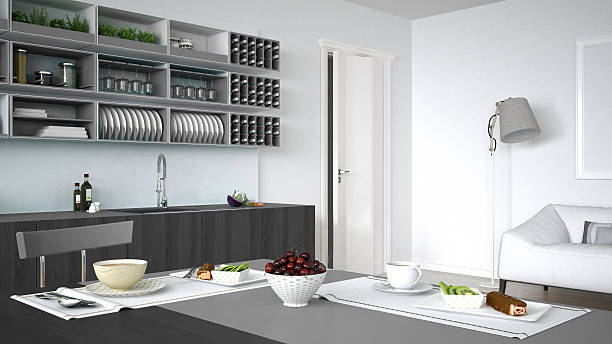 istock Minimalistic white kitchen with wooden and gray details, vegetar 635964638